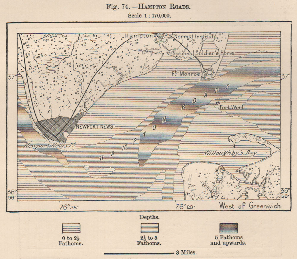 Hampton Roads. Virginia 1885 old antique vintage map plan chart